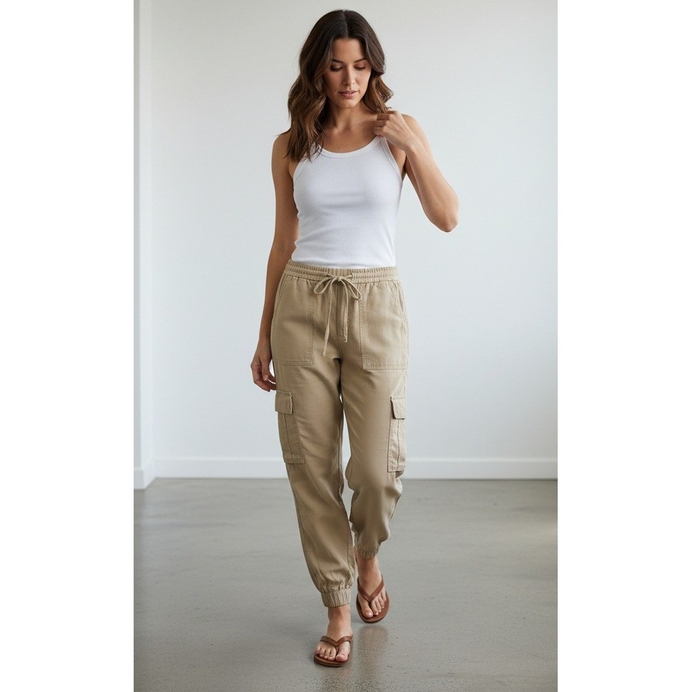 Zara Women Tan Cargo Jogger Pants High Waist Khaki Utility Trousers XS
